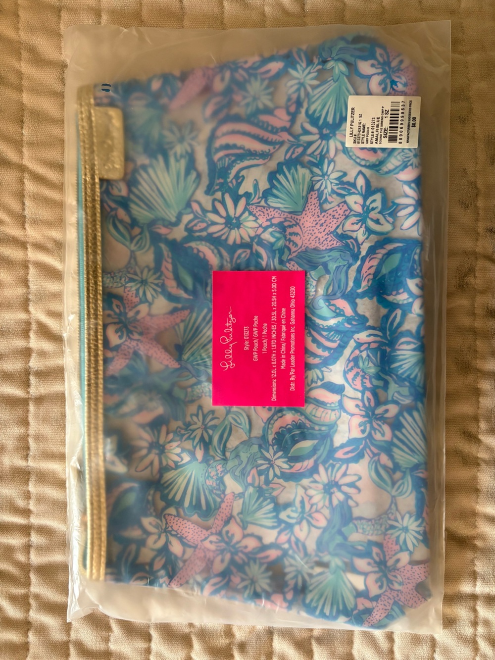 Lilly Pulitzer Teal & Pink Seashell Cosmetic Pouch with Gold Trim